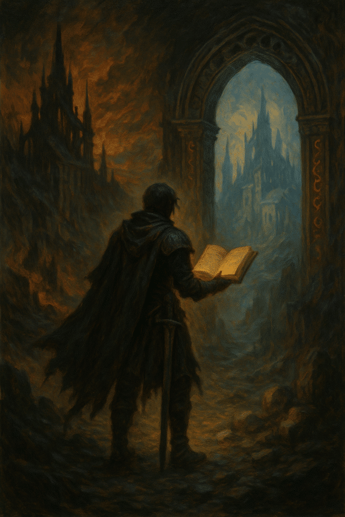A cloaked warrior stands between a shadowed Gothic castle and a glowing archway, holding an illuminated book in one hand and a sword at his side.