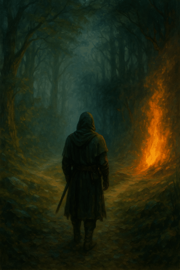 A hooded figure stands at a fork in a forest path, one trail glowing with firelight while the other fades into shadow.