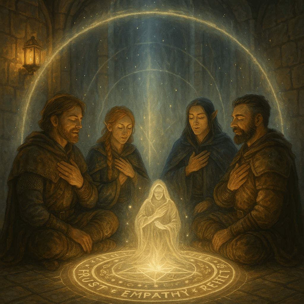 Four fantasy players sit cross-legged around a glowing circle etched with runes for trust, empathy, and respect, hands over hearts as translucent walls of light rise around them.