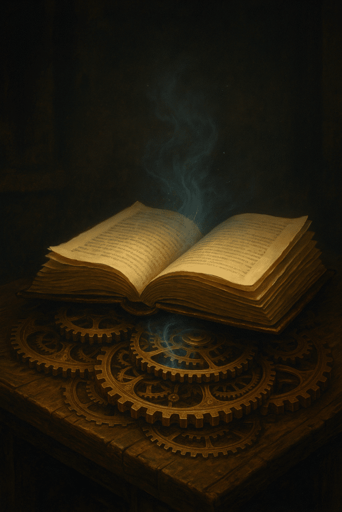 An antique book glowing faintly with blue light, resting atop brass clockwork gears on a wooden table in a dark, dusty room.