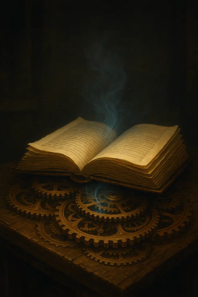 An antique book glowing faintly with blue light, resting atop brass clockwork gears on a wooden table in a dark, dusty room.