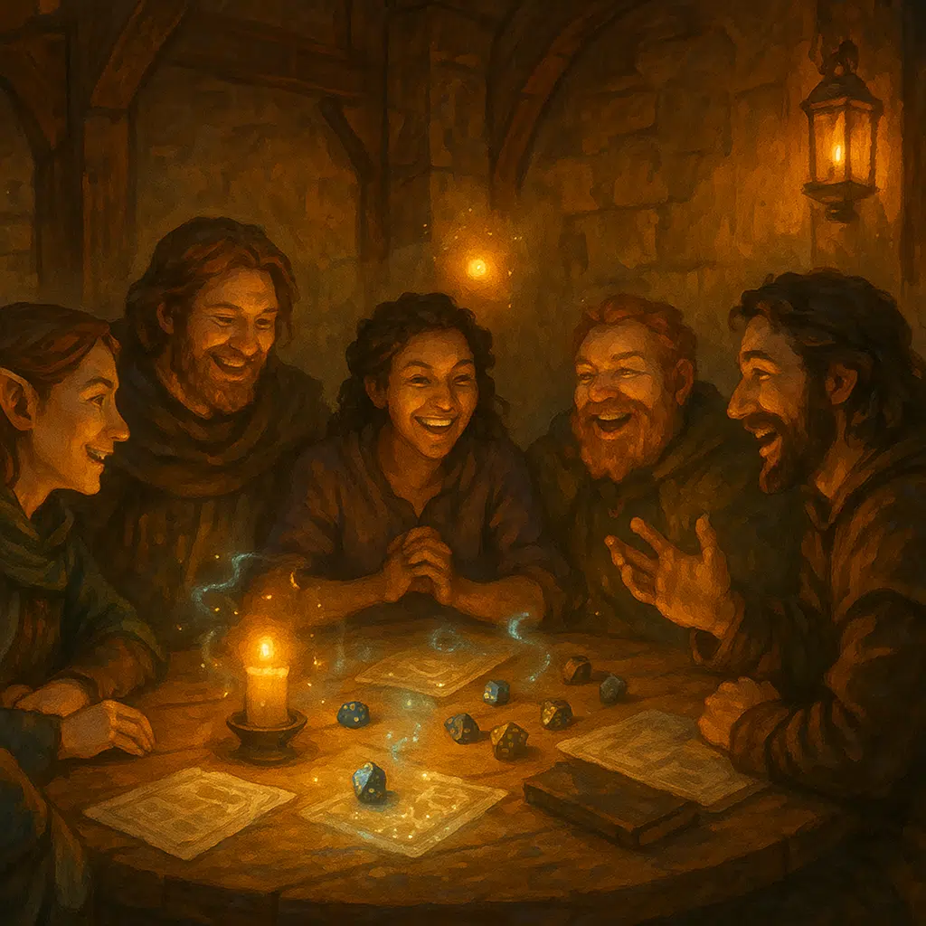 Adventurers gathered in a candle-lit tavern, sharing animated stories around a roaring fireplace with floating scrolls and glowing maps.