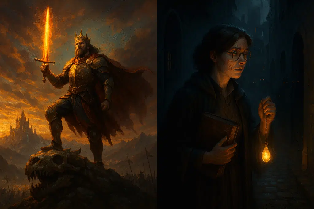 A crowned warrior stands with a blazing sword atop a dragon’s skull, bathed in golden sunset light, while beside him, a librarian holding a glowing pendant peers into a shadowy alley where faint supernatural eyes glimmer in the dark.