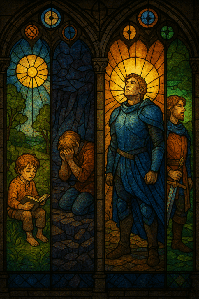 A stained-glass window depicting a character’s growth from child to hero through four stages: reading, despair, valor, and reflection.