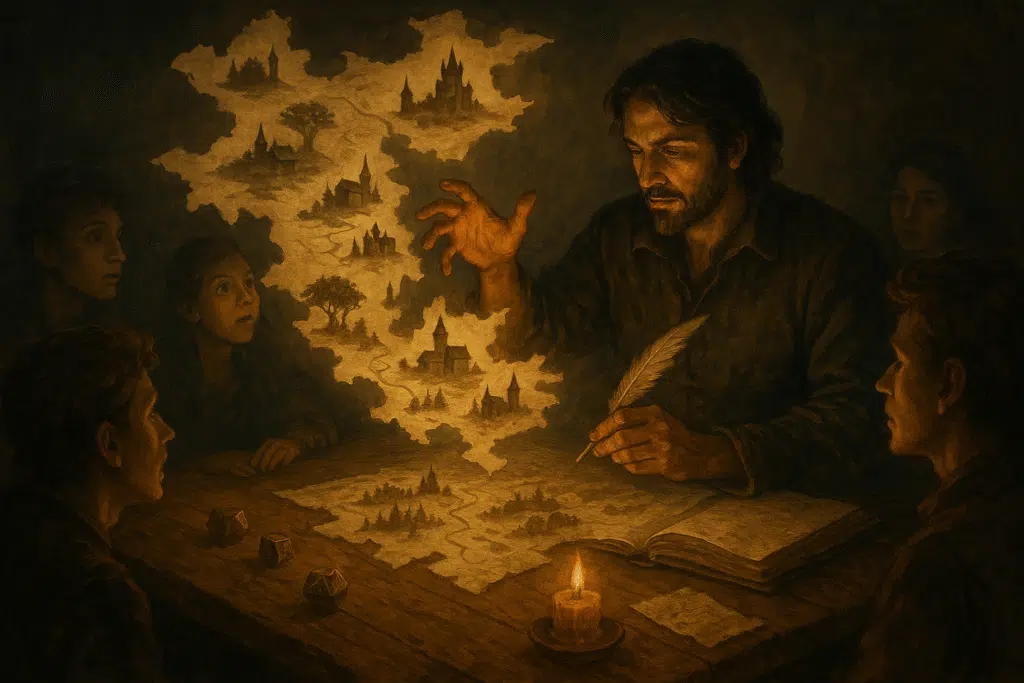 A fantasy tabletop scene where a Game Master conjures a floating map of villages, forests, and castles above a wooden table, surrounded by amazed players in warm candlelight.