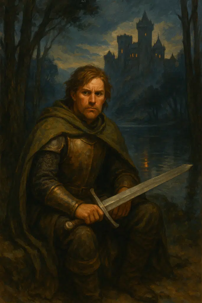 A rugged warrior in bronze armor and a green cloak sits beside a lake, holding a sword, with a castle silhouetted behind him.