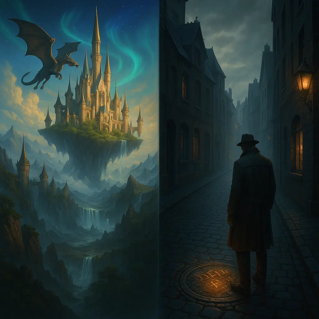 A split-scene image showing a golden floating kingdom under glowing auroras and a flying dragon on the left, contrasted with a foggy cobblestone alley where a man in a trench coat peers at glowing runes in a manhole cover on the right.