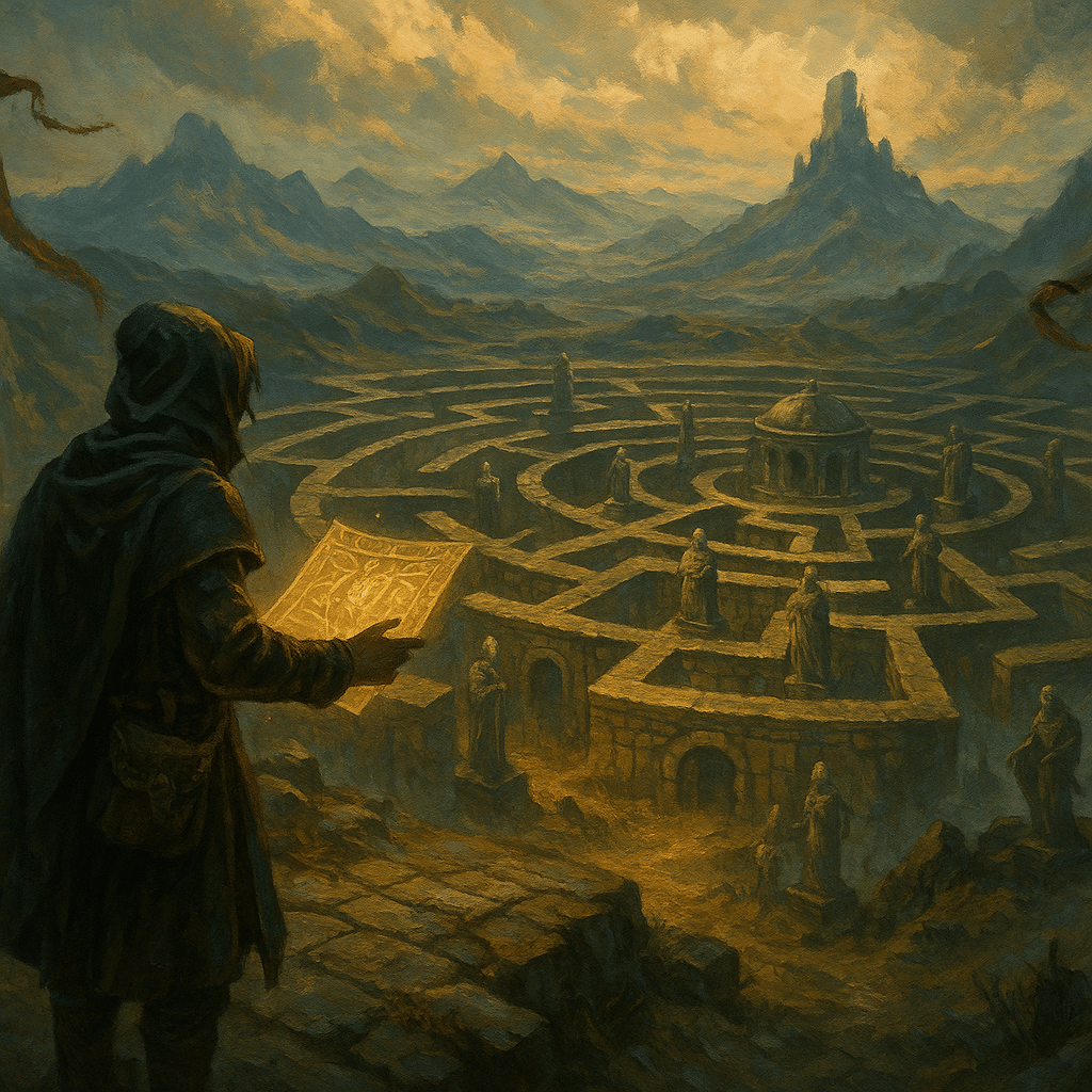 A cloaked traveler stands on a cliff overlooking a massive stone labyrinth filled with statues, holding a glowing map as misty mountains rise beyond.