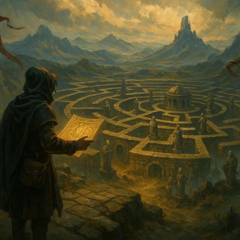 A cloaked traveler stands on a cliff overlooking a massive stone labyrinth filled with statues, holding a glowing map as misty mountains rise beyond.