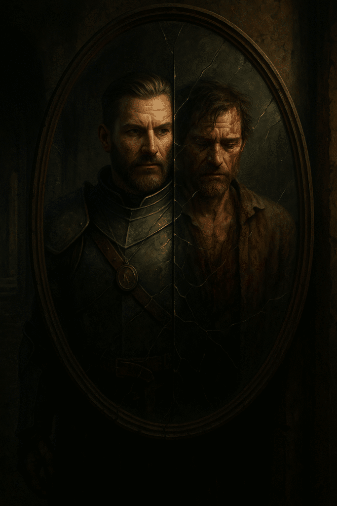 A knight gazes into a cracked mirror, reflecting a bloodied, broken version of himself, symbolizing inner conflict and dual identity.