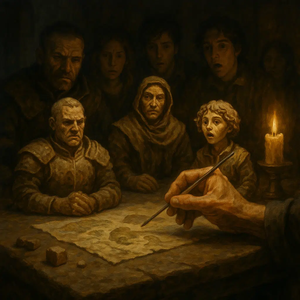 A Game Master's hand sculpting lifelike clay figures of NPCs—a stern guard, a robed merchant, and a wide-eyed bard—on a candlelit stone table as players look on with awe and emotion.