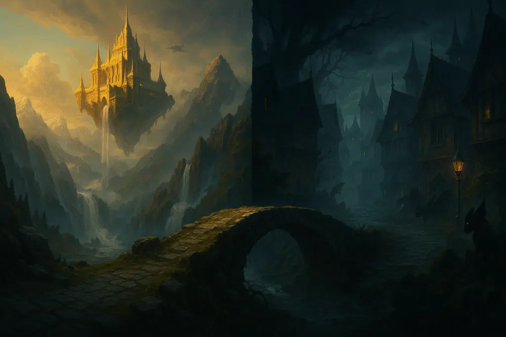 A dramatic landscape split into two realms—on the left, a golden floating castle amid high mountain peaks and waterfalls; on the right, a dark foggy town lit by gaslamps, with shadowy creatures watching from the alleyways. A cobblestone bridge weaves through twisted roots, connecting both worlds.