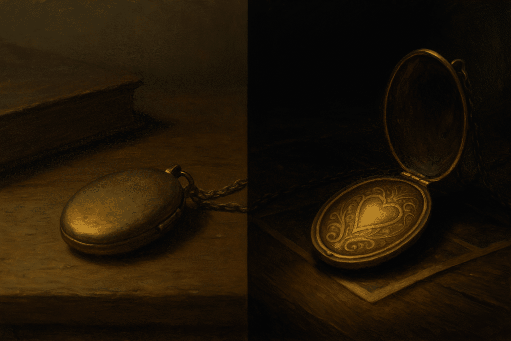 A diptych of a closed brass locket beside a book on the left, and the same locket opened to reveal a glowing engraved heart on the right.