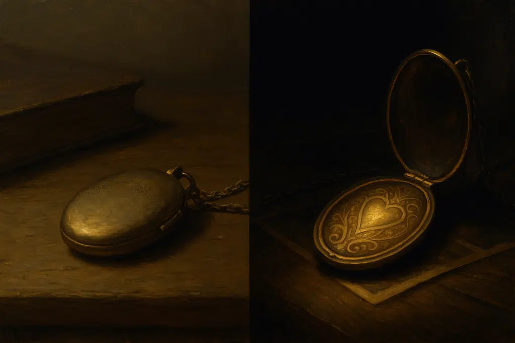 A diptych of a closed brass locket beside a book on the left, and the same locket opened to reveal a glowing engraved heart on the right.