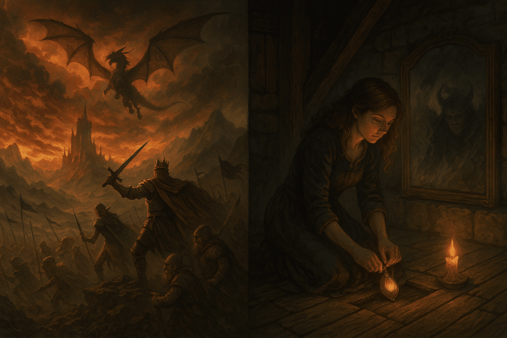 On the left, a dragon soars over a battlefield as a crowned warrior leads an army beneath a stormy red sky; on the right, a young woman kneels in a candlelit attic, hiding a glowing artifact as her reflection reveals demonic wings and horns.