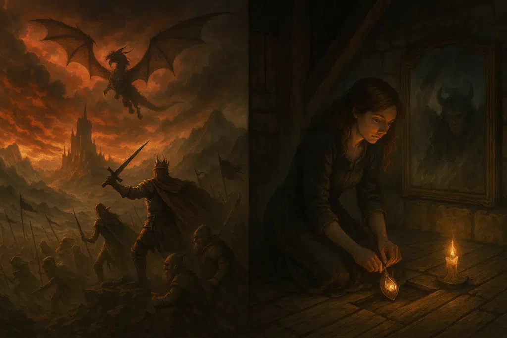 On the left, a dragon soars over a battlefield as a crowned warrior leads an army beneath a stormy red sky; on the right, a young woman kneels in a candlelit attic, hiding a glowing artifact as her reflection reveals demonic wings and horns.