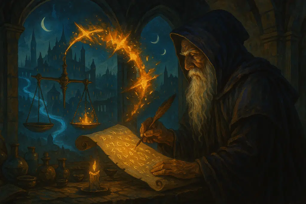 An elderly scribe inscribes glowing runes onto a floating scroll as a mystical city behind him defies natural laws, with blue fire, uphill rivers, and twin moons.