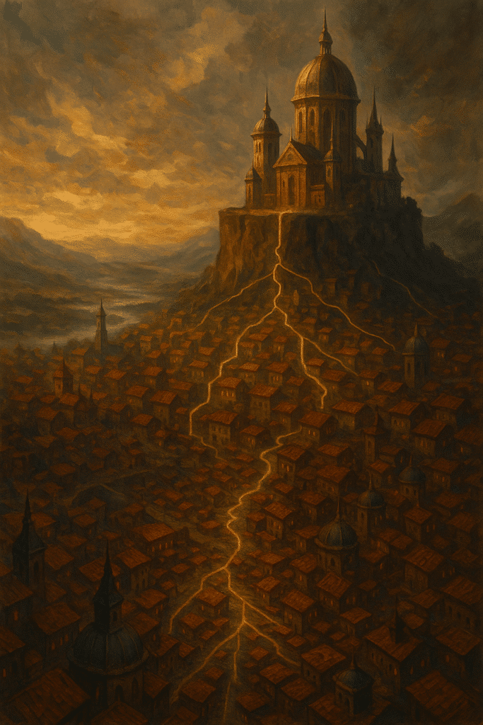 A grand palace atop a cliff overlooks a vast city below, with glowing golden lines flowing from the palace into different city districts, symbolizing structured power distribution.