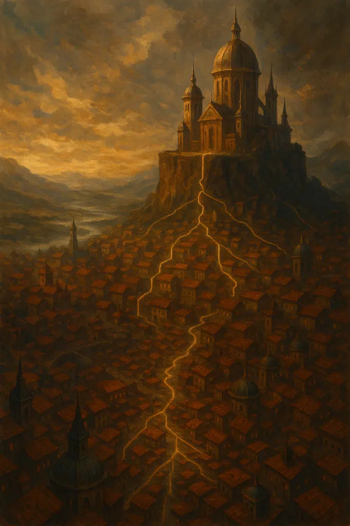 A grand palace atop a cliff overlooks a vast city below, with glowing golden lines flowing from the palace into different city districts, symbolizing structured power distribution.