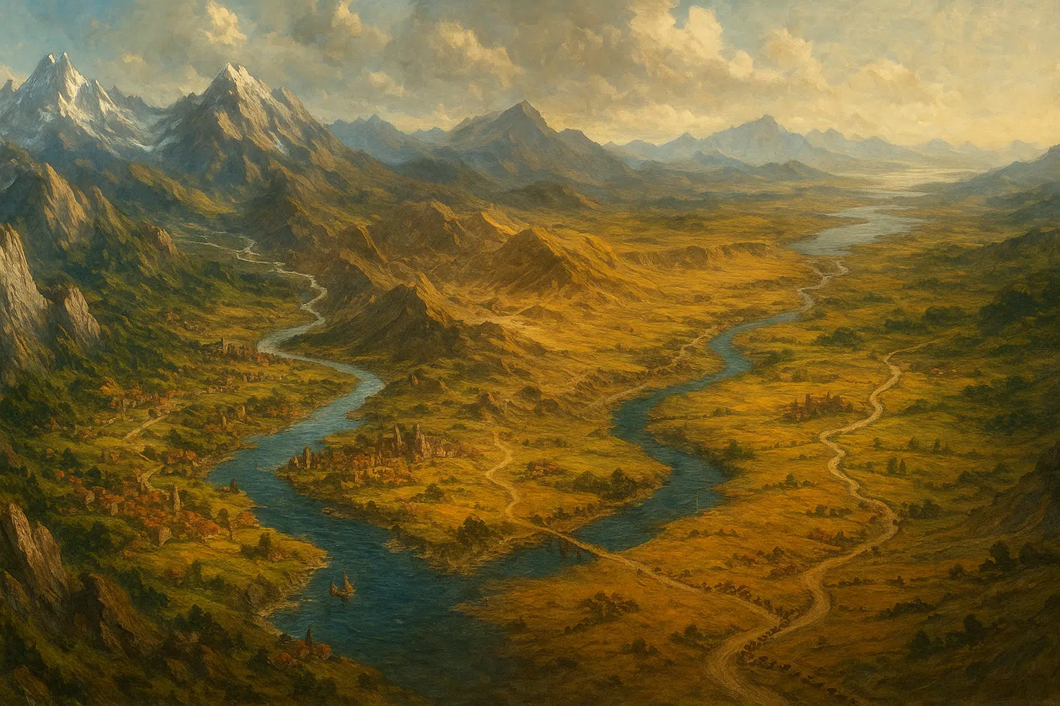 A panoramic painting of a vast continent showing mountains, rivers, forests, deserts, and cities. Settlements cluster near natural resources, and roads and rivers wind through diverse landscapes.
