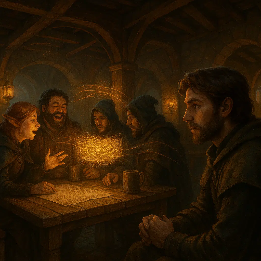 A thoughtful player sits quietly at a medieval tavern table, observing animated roleplayers whose glowing golden words weave threads of magic into the air.