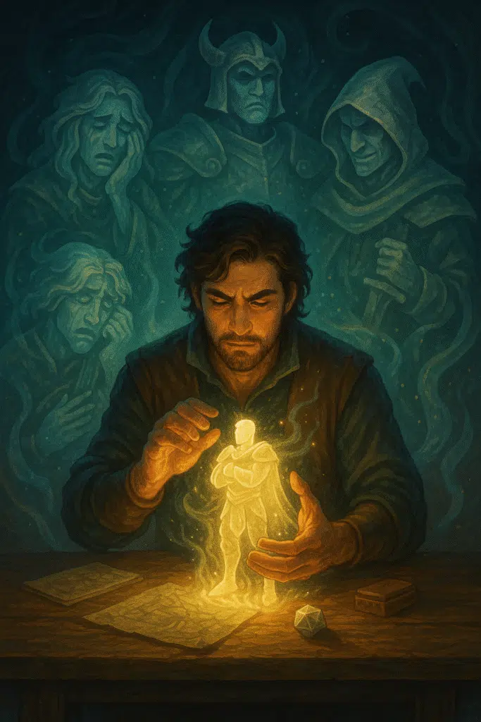 A fantasy player sculpts a glowing warrior figure from light at a wooden table, surrounded by ethereal silhouettes of potential characters including a bard, a rogue, and a knight.