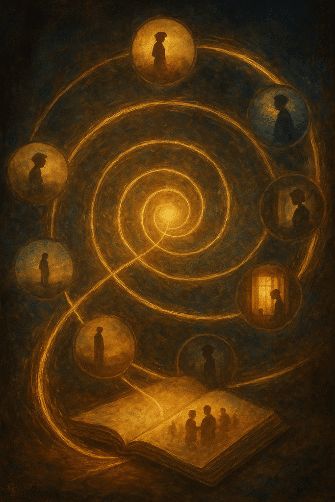 A radiant spiral timeline emerging from an open book, with glowing scenes from different eras suspended along its golden strands.