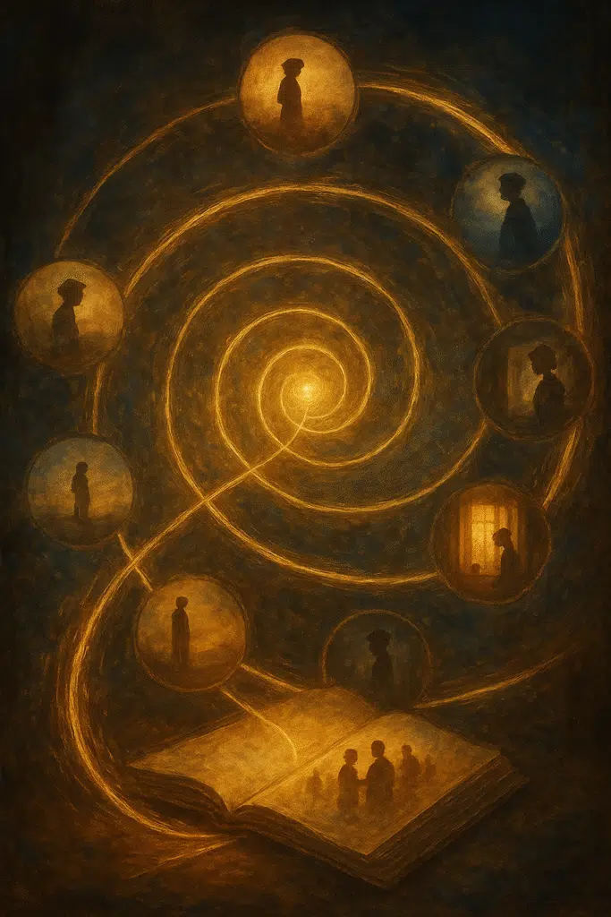 A radiant spiral timeline emerging from an open book, with glowing scenes from different eras suspended along its golden strands.