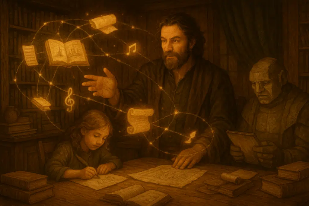 A storyteller gestures over a glowing constellation of books, scrolls, and musical notes, as a child sketches nearby and a golem reads from a tablet.