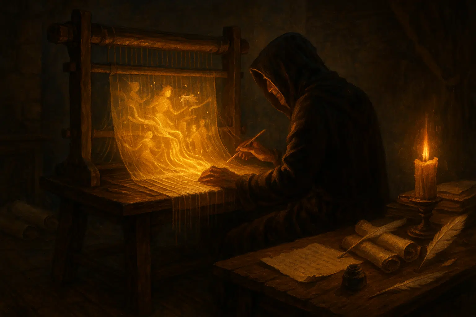A hooded storyteller weaving golden light into a magical tapestry at an old wooden loom, surrounded by scrolls and candlelight in a dim workshop.
