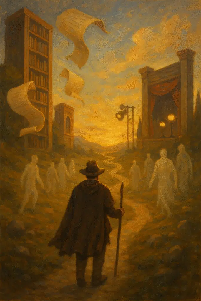 A fantasy Game Master in a cloak marked "DM" walks a winding path through magical landscapes, surrounded by libraries, stage lights, and ghostly figures, beneath a warm sunset sky.
