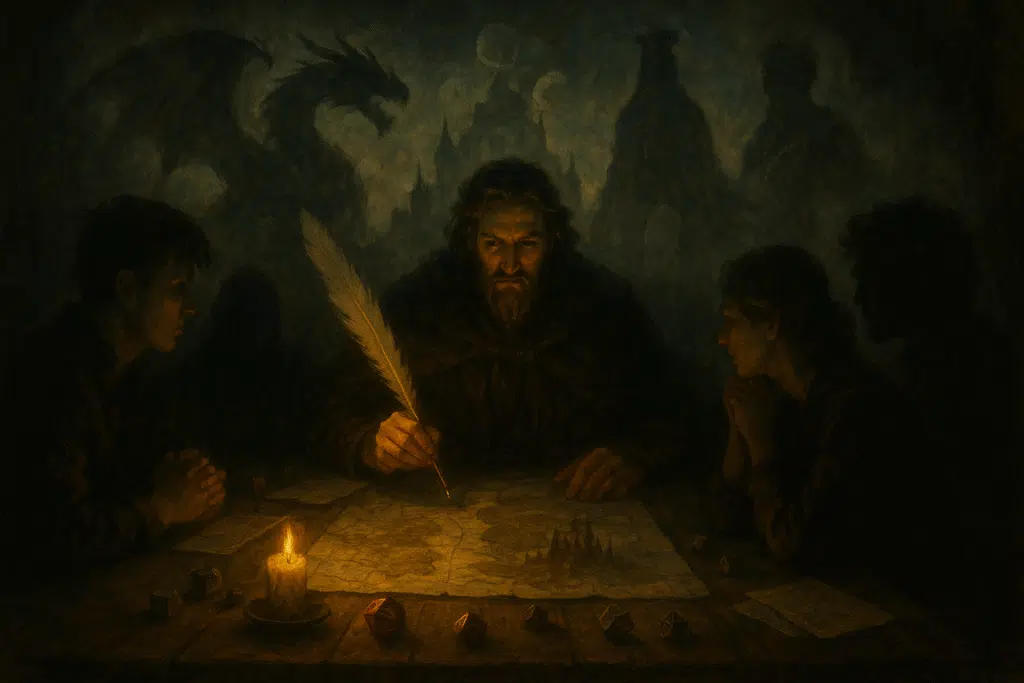 A dimly lit fantasy tabletop scene with a Game Master holding a glowing quill, maps and dice on the table, shadowy players watching, and ghostly silhouettes of dragons and castles in the background.