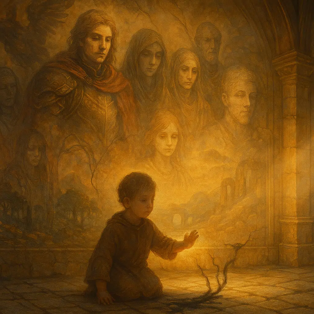 A young child kneels before a half-finished fresco, touching a glowing crack from which radiant ink flows, while ghostly faces emerge from the mural above.