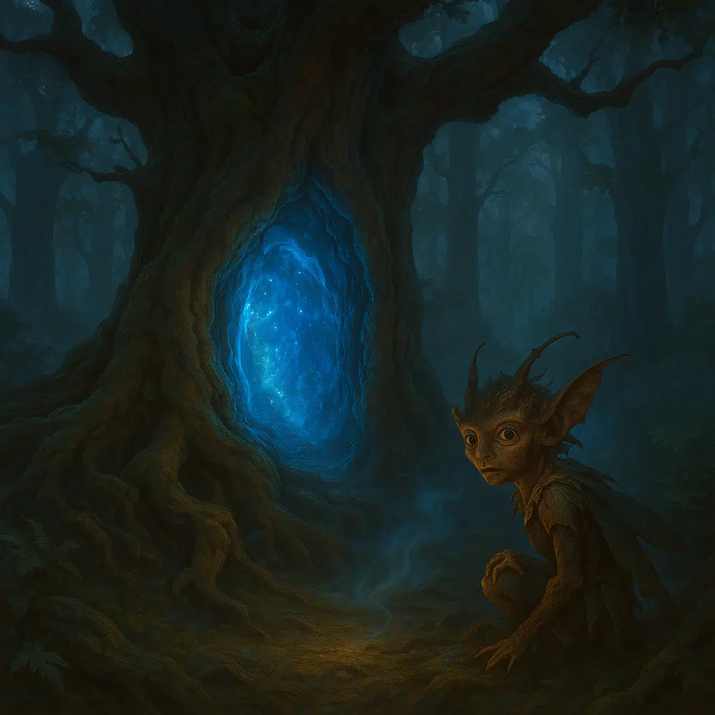 A fae creature peers cautiously from behind a gnarled oak tree as a glowing blue portal pulses within its trunk in a misty forest clearing, symbolizing the divide between high and low fantasy realms.