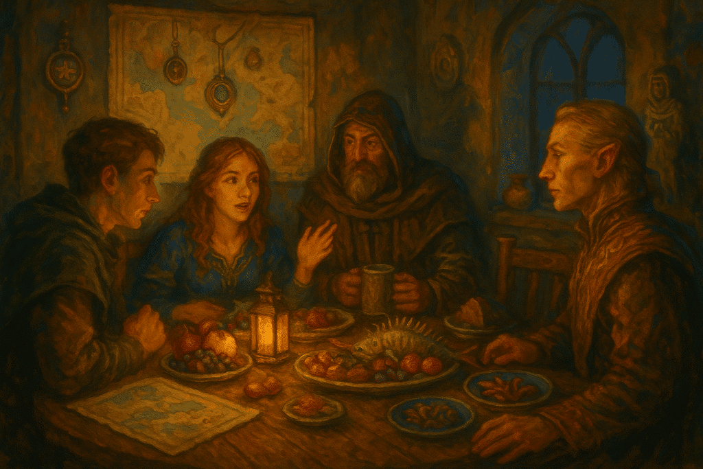 A medieval fantasy dinner scene with four diverse characters eating around a lantern-lit table, surrounded by world maps, talismans, and detailed props that hint at a larger world without narration.
