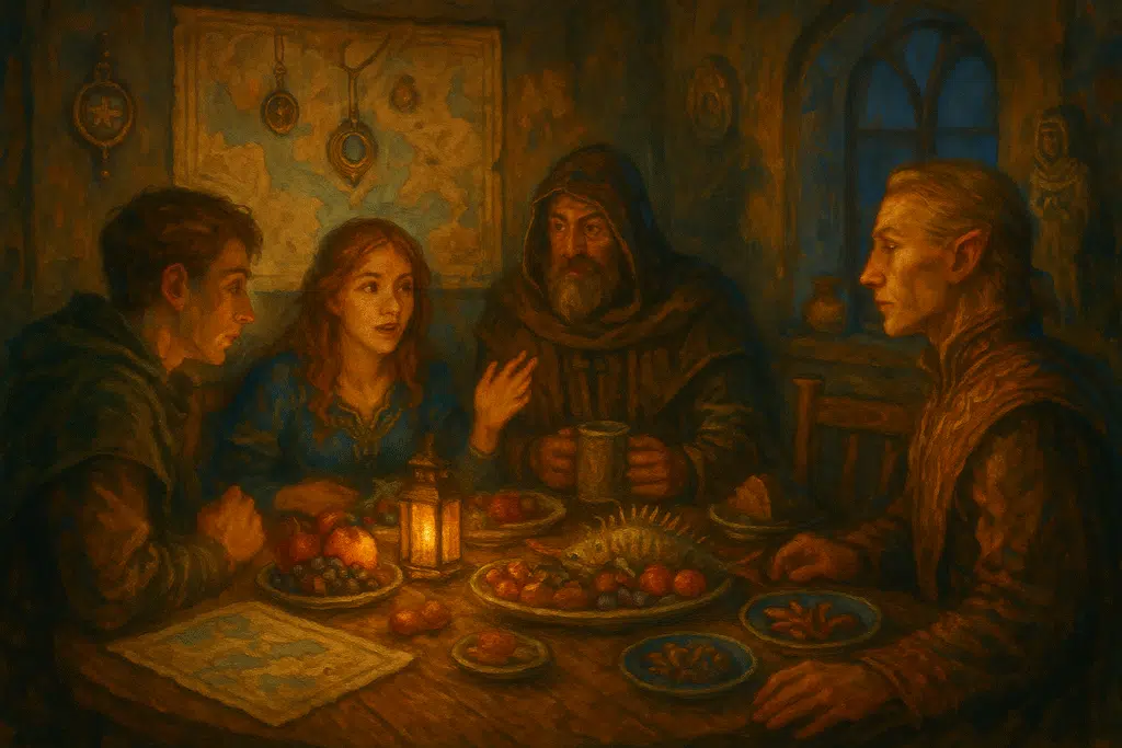 A medieval fantasy dinner scene with four diverse characters eating around a lantern-lit table, surrounded by world maps, talismans, and detailed props that hint at a larger world without narration.