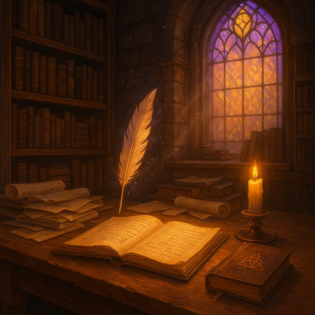 Glowing quill floating above parchment in a candlelit writer’s study with stained-glass window and bookshelves.