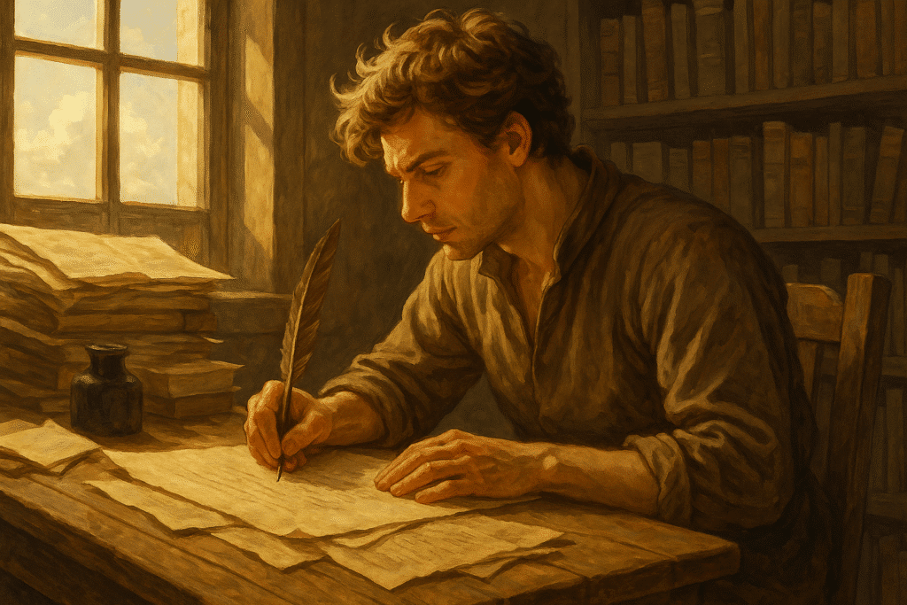 A young man writes by hand in a sunlit study filled with parchment and books, focused deeply on his work.