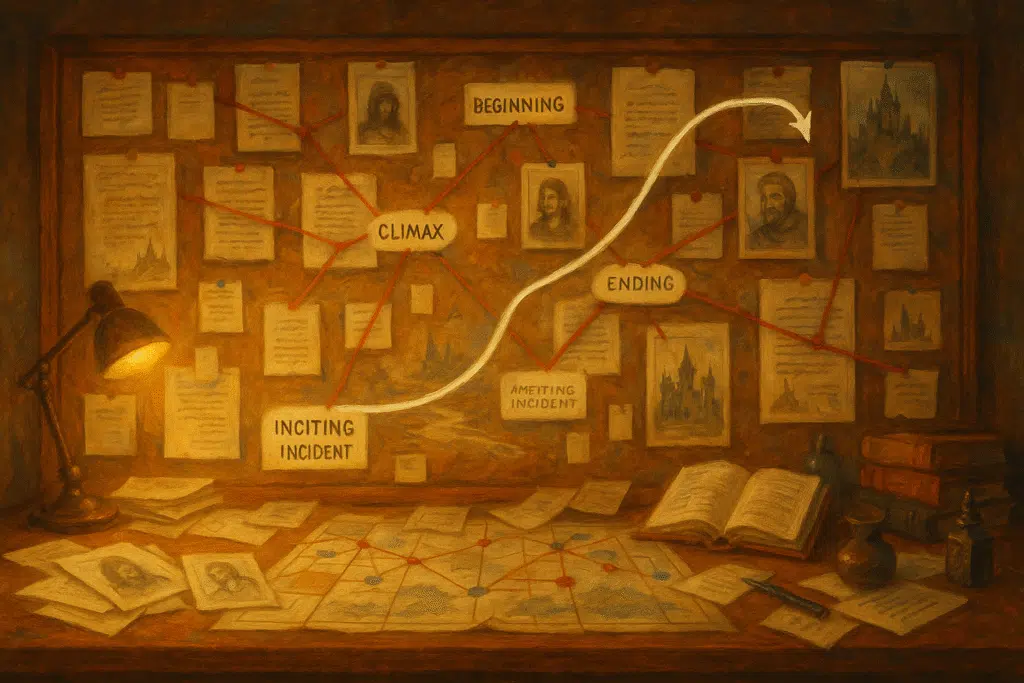 A writer's corkboard filled with pinned notes, character sketches, and story structure labels connected by red thread, with a glowing white arrow tracing the protagonist’s journey through key plot points.