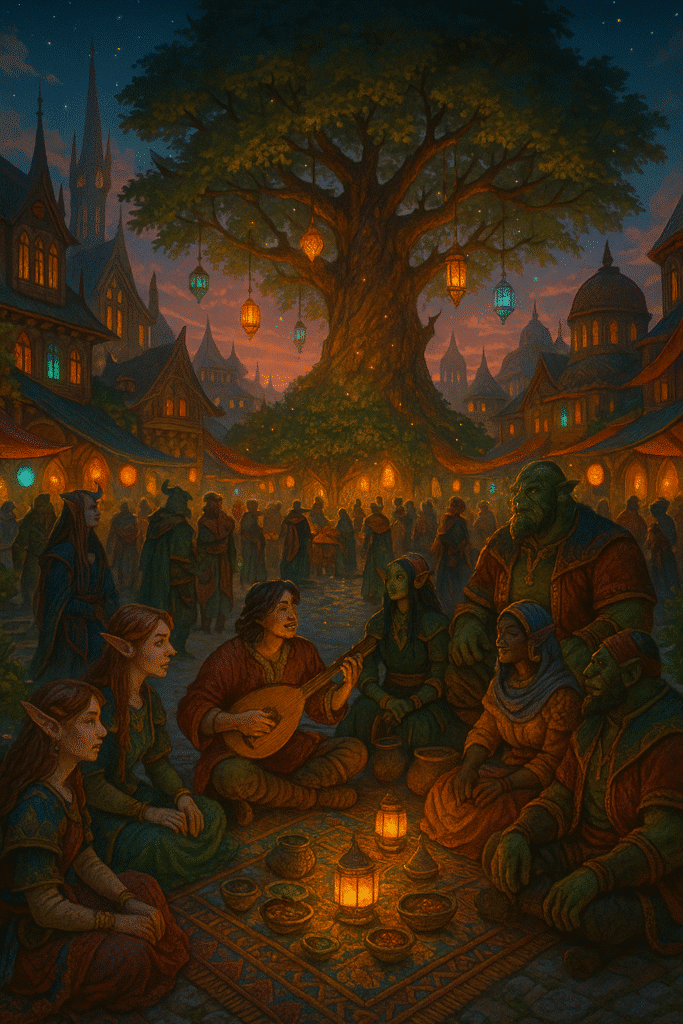A diverse group of fantasy folk gather beneath a massive tree lit with lanterns, sharing food and music in a twilight city square.