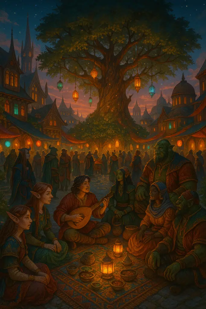 A diverse group of fantasy folk gather beneath a massive tree lit with lanterns, sharing food and music in a twilight city square.