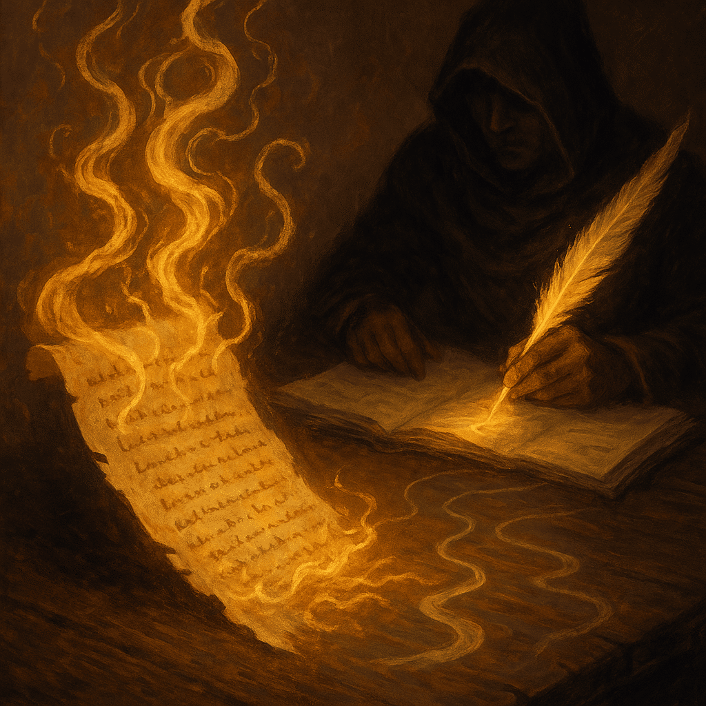 A hooded figure writes with a glowing quill while a scroll of written rules turns into golden smoke, symbolizing artistic rule-breaking.