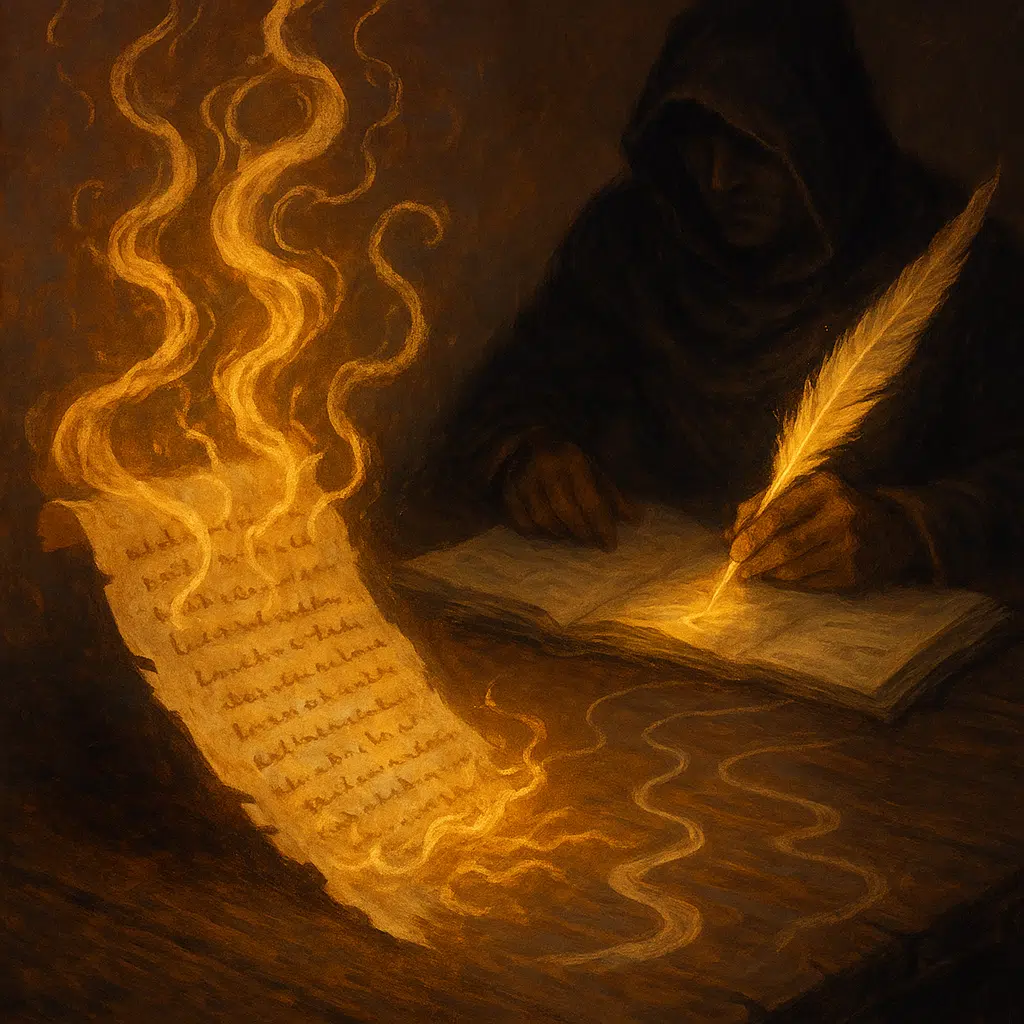 A hooded figure writes with a glowing quill while a scroll of written rules turns into golden smoke, symbolizing artistic rule-breaking.
