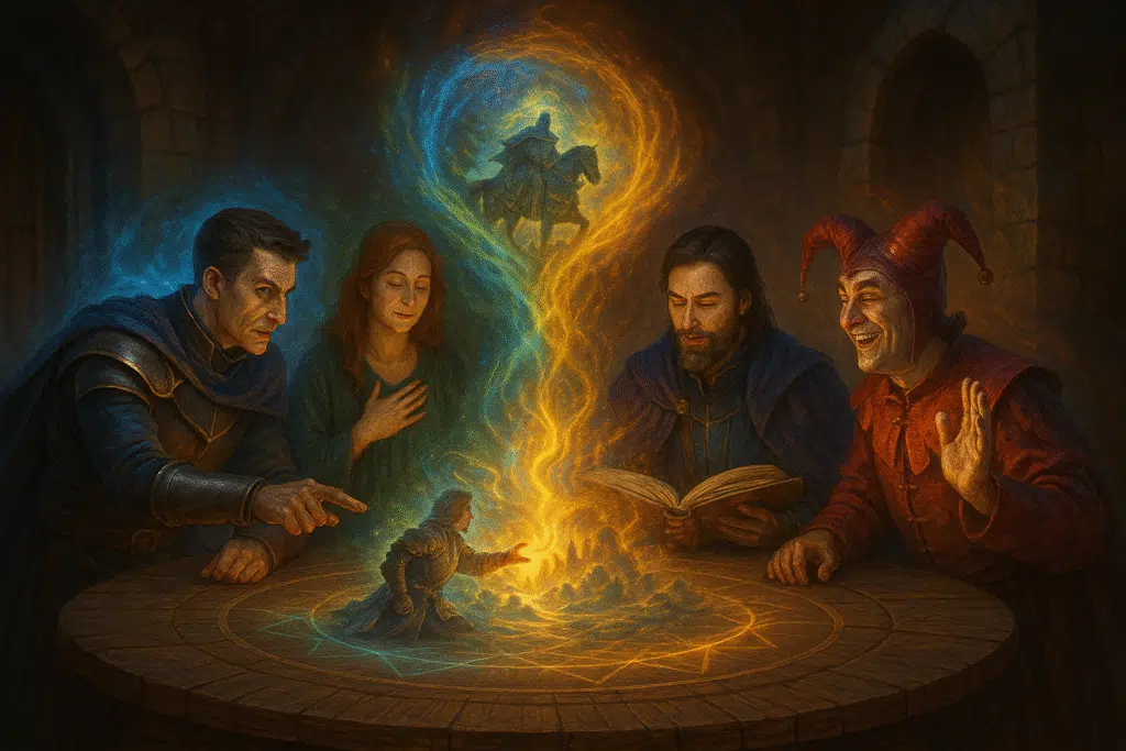 Four fantasy archetypes — a tactician, empath, scholar, and jester — sit at a round table, each with a distinct glowing aura, conjuring a radiant shared story above them.