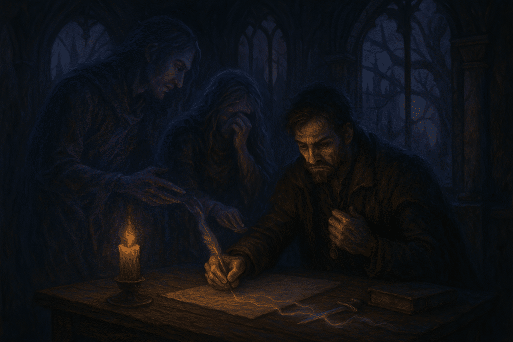 A writer sits in a dark Gothic study, haunted by spectral figures as he writes under candlelight, with a dagger and book beside him.