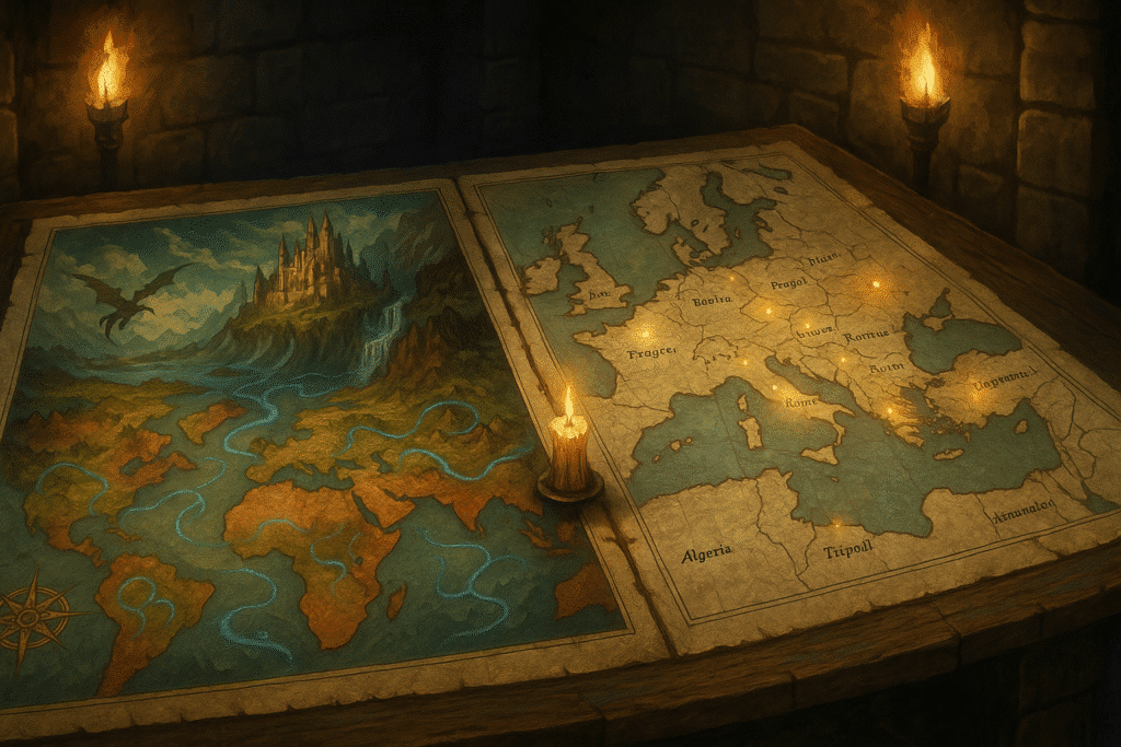 A stone table in a torch-lit hall displays two detailed maps side by side—one of a fantasy realm with glowing ley lines and a looming castle watched over by a dragon, the other a parchment map of Europe outlined in gold, subtly glowing under candlelight.