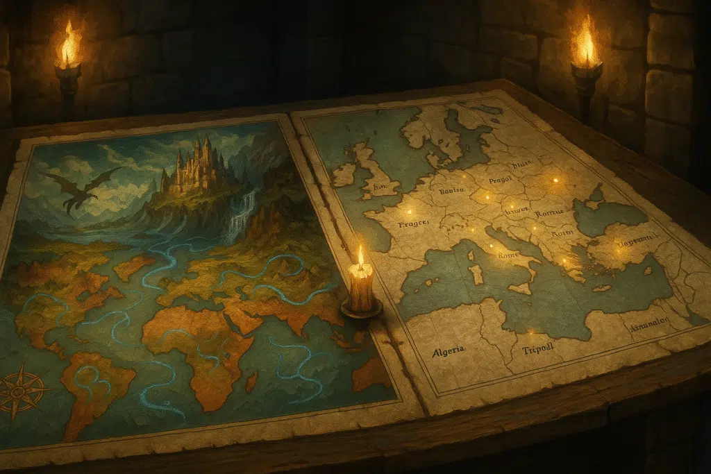 A stone table in a torch-lit hall displays two detailed maps side by side—one of a fantasy realm with glowing ley lines and a looming castle watched over by a dragon, the other a parchment map of Europe outlined in gold, subtly glowing under candlelight.