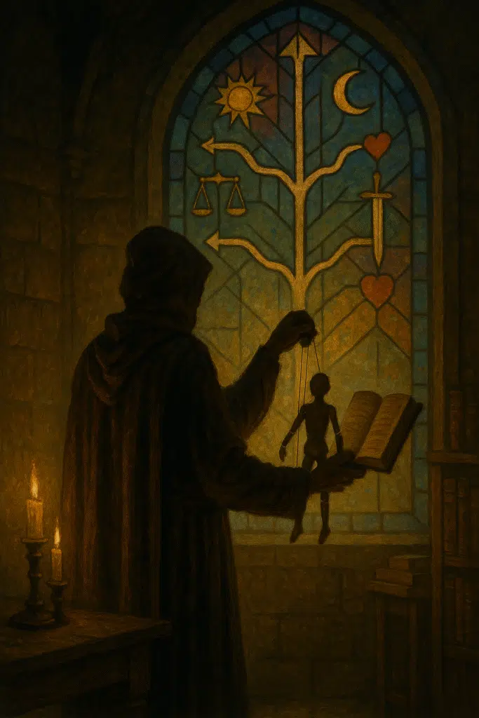 A robed figure stands in a candlelit study, holding a marionette in one hand and an open book in the other, with a stained-glass window behind them depicting symbols of morality and choice.