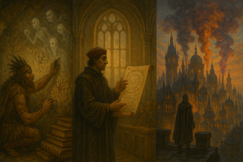 Triptych of fantasy scenes: cave shaman, magical scholar, arcane factory city, with flowing transitions