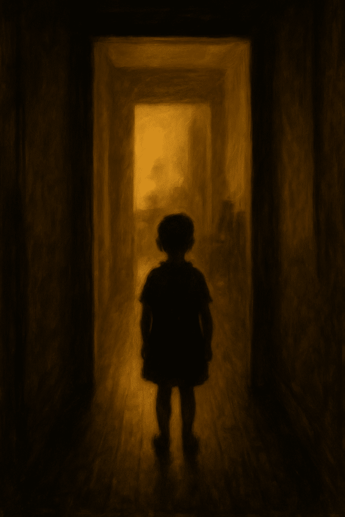 A child stands in a dim hallway looking into a lit room, evoking early psychological formation and emotional distance.